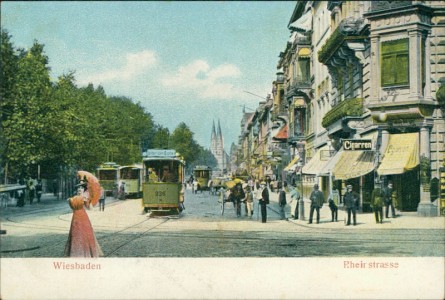 Alte Ansichtskarte Wiesbaden, Rheinstrasse mit Straßenbahn