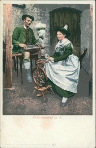 Alte Ansichtskarte Schnadahüpf'ln, bayerische Tracht, Frau am Spinnrad, Mann spielt Zither