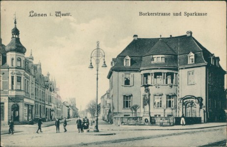 Alte Ansichtskarte Lünen, Borkerstrasse und Sparkasse