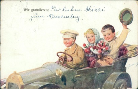 Alte Ansichtskarte Karl Feiertag, Wir gratulieren! Kinder im Auto