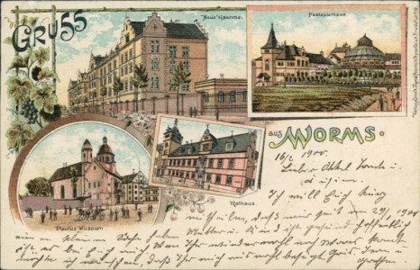 Alte Ansichtskarte Gruss aus Worms, Neue Kaserne, Festspielhaus, Paulus Museum, Rathaus