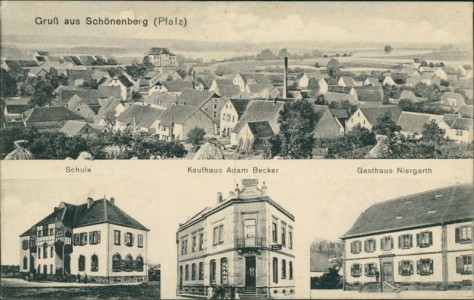 Alte Ansichtskarte Schönenberg (Pfalz), Gesamtansicht, Schule, Kaufhaus Adam Becker, Gasthaus Niergarth