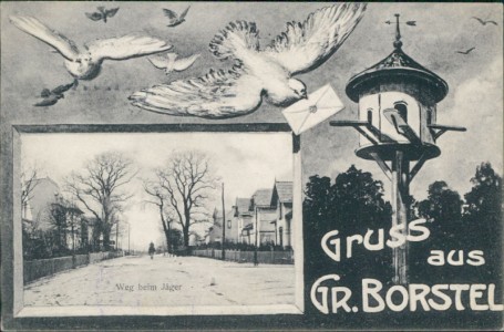 Alte Ansichtskarte Groß-Borstel (Hamburg), Weg beim Jäger, Tauben, Taubenschlag