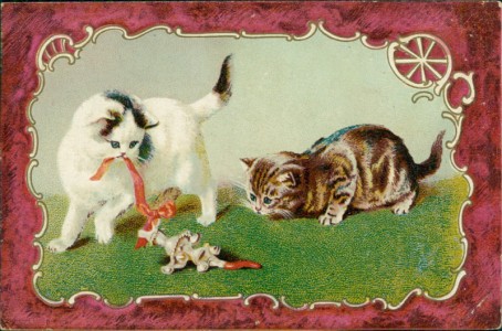 Alte Ansichtskarte Spielende Katzen, Reklamekarte von W. Brenke Nachf., Leipzig (ca. 13,5 x 8,8 cm)