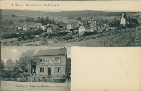 Alte Ansichtskarte Wendelsheim (Wöllstein), Gesamtansicht mit Bahnhof, Gasthaus zur Traube (am Bahnhof)