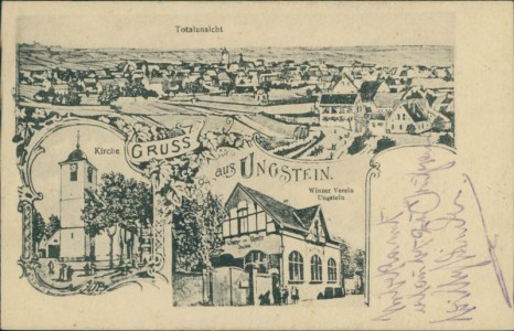Alte Ansichtskarte Ungstein (Bad Dürkheim), Totalansicht, Kirche, Winzer Verein