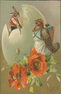 Alte Ansichtskarte Ostern, Osterhase, Huhn, Mohnblumen