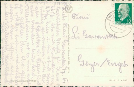 Adressseite der Ansichtskarte Oberwiesenthal, Die Postkutsche an der Postmeilensäule auf dem Markt