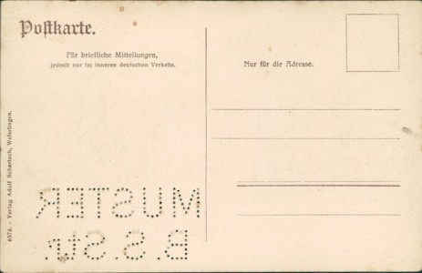 Adressseite der Ansichtskarte Oebisfelde-Weferlingen, Teilansicht mit Kirche (Text "Muster B. S. Str."-Lochung)