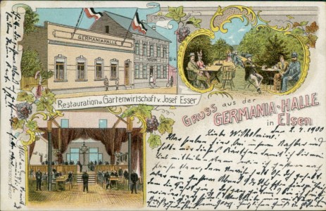 Alte Ansichtskarte Grevenbroich-Elsen, Germania-Halle, Restauration u. Gartenwirtschaft v. Josef Esser