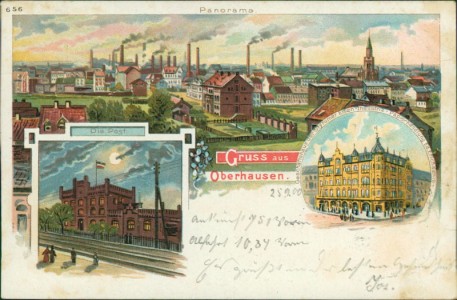 Alte Ansichtskarte Oberhausen, Panorama, Post, Geschäftshaus der Styrumer Eisen-Industrie