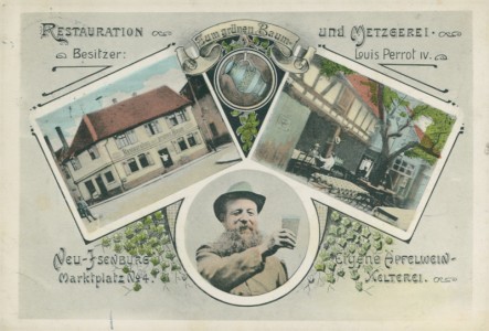 Alte Ansichtskarte Neu-Isenburg, Restauration und Metzgerei Louis Perrot IV.