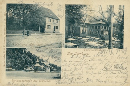 Alte Ansichtskarte Neu-Isenburg, Rheinischer Hof, Gartenrestaurant, Stationsgebäude der Waldbahn