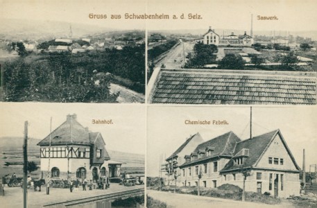 Alte Ansichtskarte Schwabenheim an der Selz, Gaswerk, Bahnhof, Chemische Fabrik