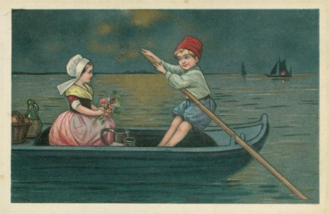 Alte Ansichtskarte Künstlerkarte ähnlich Emilio Colombo, Knabe mit Mädchen auf Kanu