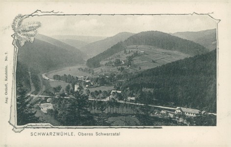 Alte Ansichtskarte Schwarzmühle (Schwarzatal), Panorama (Jugendstil-Dekor)