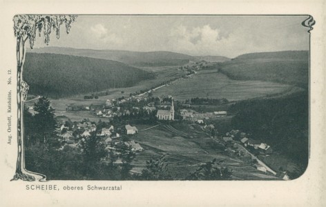 Alte Ansichtskarte Scheibe-Alsbach (Neuhaus am Rennweg), Panorama (Jugendstil-Dekor)