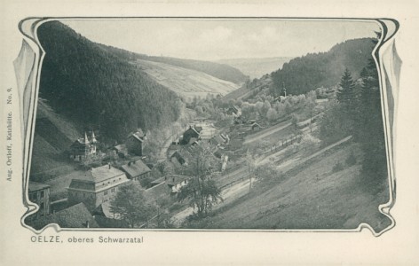 Alte Ansichtskarte Oelze (Schwarzatal), Panorama (Jugendstil-Dekor)
