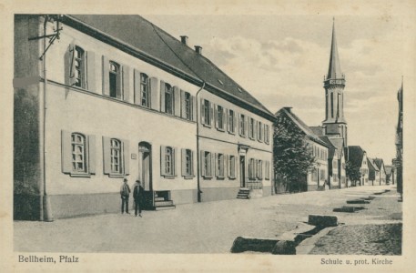 Alte Ansichtskarte Bellheim, Schule u. prot. Kirche