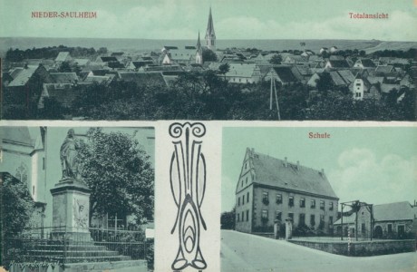 Alte Ansichtskarte Nieder-Saulheim, Totalansicht, Kriegerdenkmal, Schule