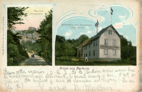 Alte Ansichtskarte Marburg, Weg zum Hansenhaus, Restauration zum Hansenhaus Ernst Herling