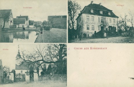 Alte Ansichtskarte Kobershain (Belgern-Schildau), Dorfstrasse, Rittergut, Kirche