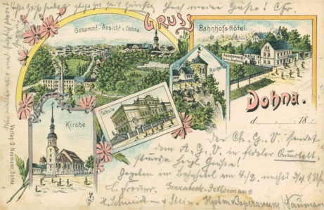 Alte Ansichtskarte Gruss aus Dohna, Gesamtansicht von Dohna, Bahnhofs-Hotel, Kirche, Schule, Ruine