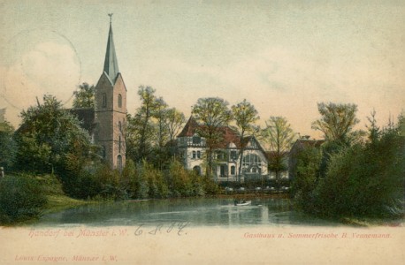 Alte Ansichtskarte Münster-Handorf, Gasthaus u. Sommerfrische B. Vennemann, Kirche