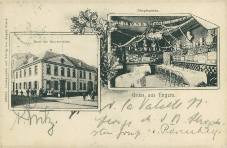 Alte Ansichtskarte Gruss aus Engers, Hotel zur Römerbrücke, Pfropfenstube