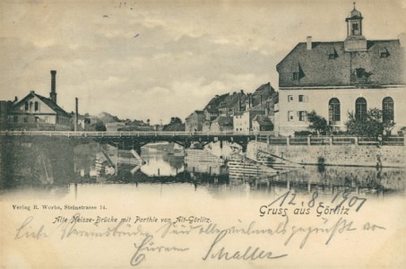 Alte Ansichtskarte Gruss aus Görlitz, Alte Neisse-Brücke mit Partie von Alt-Görlitz