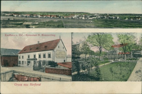 Alte Ansichtskarte Gruss aus Herforst, Totalansicht, Kaufhaus u. Hotel-Restaurant N. Hemmerling