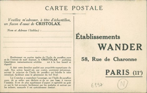 Adressseite der Ansichtskarte Etablissements WANDER, Cristolax, sign. Joseph Kuhn-Régnier