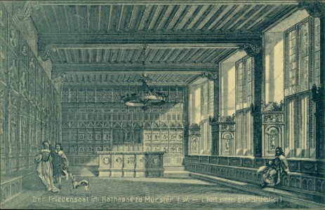 Alte Ansichtskarte Münster, Der Friedensaal im Rathaus zu Münster i. W. - nach einem alten Stahlstich