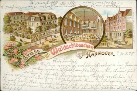 Alte Ansichtskarte Gruss aus dem Waldschlösschen Hannover, Restaurant, Saal