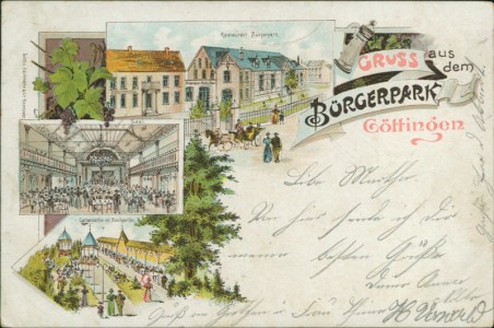 Alte Ansichtskarte Gruss aus dem Bürgerpark Göttingen, Restaurant Bürgerpark, Saal, Gartenpartie mit Musikpavillon