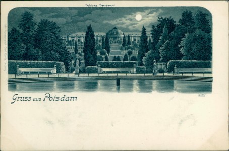 Alte Ansichtskarte Gruss aus Potsdam, Schloss Sanssouci im Mondschein
