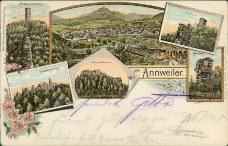 Alte Ansichtskarte Gruss aus Annweiler, Scharfenberg, Gesamtansicht, Trifels, Madenburg, Lindelbrunn, Anebos