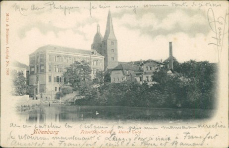 Alte Ansichtskarte Altenburg, Frauenfels-Schule u. kleiner Teich