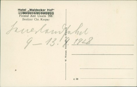 Adressseite der Ansichtskarte Willingen (Upland), Hotel "Waldecker Hof"