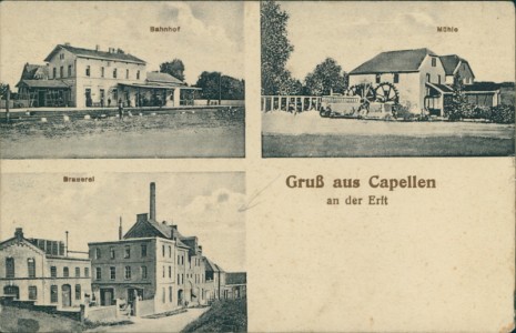 Alte Ansichtskarte Grevenbroich-Kapellen, Bahnhof, Mühle, Brauerei