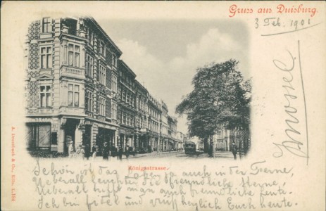 Alte Ansichtskarte Gruss aus Duisburg, Königsstrasse mit Straßenbahn