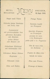 Adressseite der Ansichtskarte Dresden, Terrasse des Hotels Bellevue. Klappkarte mit Menu vom 10. Sept. 1910