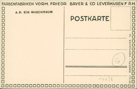 Adressseite der Ansichtskarte Leverkusen, Farbenfabriken vorm. Friedr. Bayer & Co. A. 8: Ein Waschraum