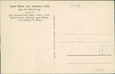 Adressseite der Ansichtskarte Heimbach, Hotel Eifeler Hof, Bes. B. Weisspflog, Fernruf 31