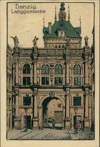 Alte Ansichtskarte Danzig / Gdańsk, Langgassertor (Künstler-Stein-Zeichnung)