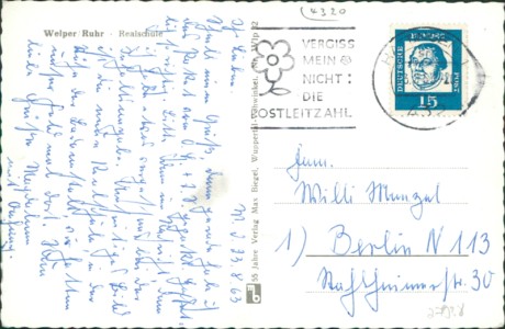 Adressseite der Ansichtskarte Hattingen-Welper, Realschule