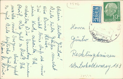 Adressseite der Ansichtskarte Tecklenburg, 200 jähr. Jubelfeier der Grafschaft (FOTO EINER ALTEN ANSICHTSKARTE AUS DEN 1950er JAHREN)