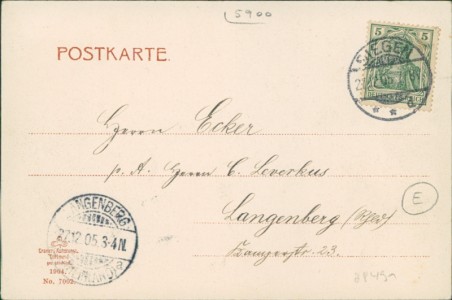 Adressseite der Ansichtskarte Siegen, Eingang z. Oberen Schloss