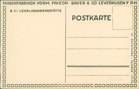 Adressseite der Ansichtskarte Leverkusen, Farbenfabriken vorm. Friedr. Bayer & Co. B.11: Lehrlingswerkstätte