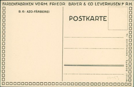 Adressseite der Ansichtskarte Leverkusen, Farbenfabriken vorm. Friedr. Bayer & Co. B.6: Azo-Färberei